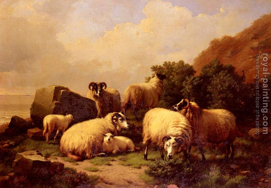Eugene Joseph Verboeckhoven : Sheep Grazing By The Coast